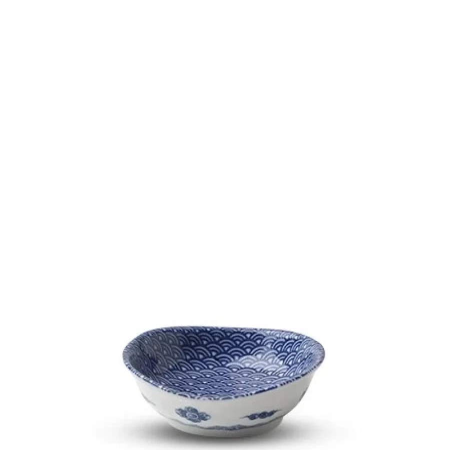 Miya Company 3.75" Ceramic Sauce Dish with Blue and White Wave Design - Small Appetizer Plate for Dining & Entertaining