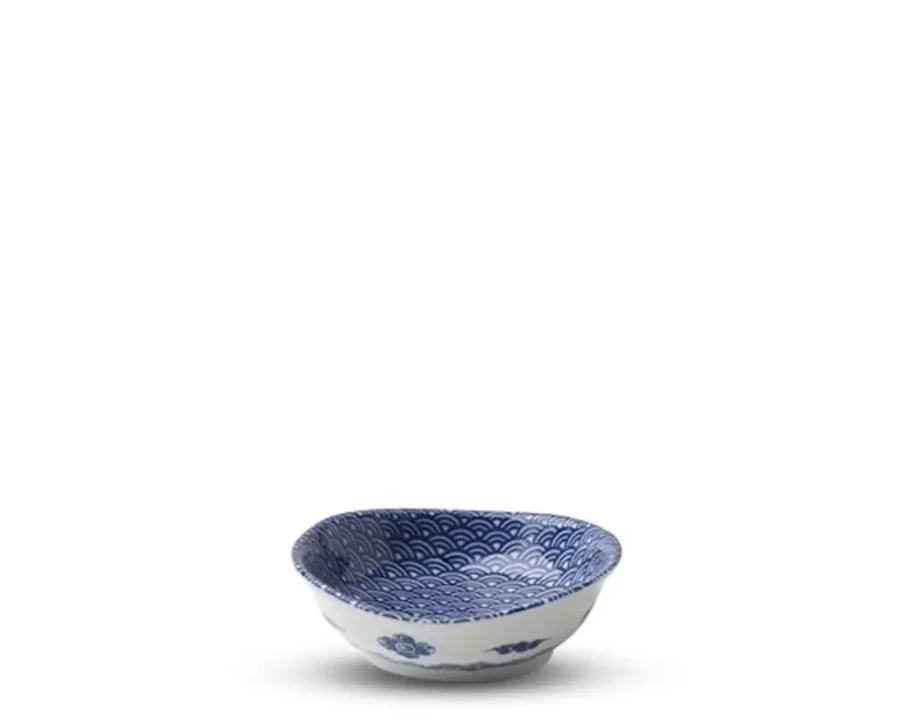 Miya Company 3.75" Ceramic Sauce Dish with Blue and White Wave Design - Small Appetizer Plate for Dining & Entertaining