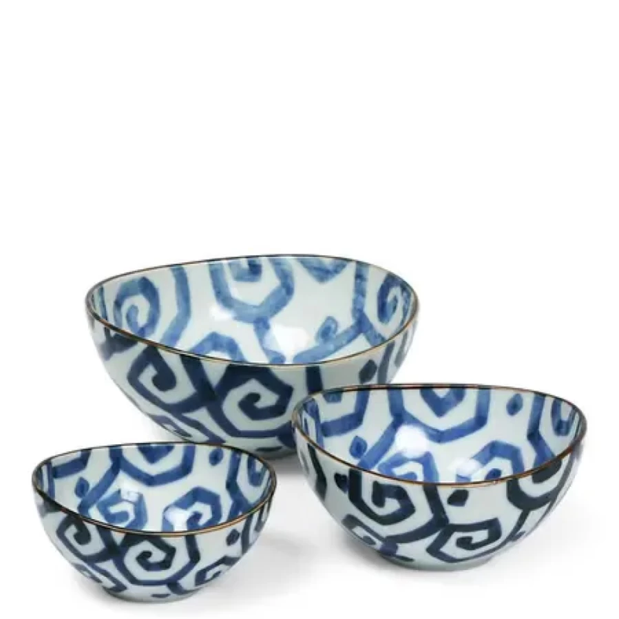 Miya Company Uzu Karakusa Stackable Nested Bowls Set - Traditional Japanese Design Ceramic Serving Bowls