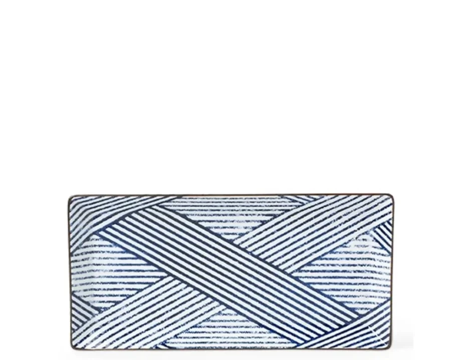Miya Company Aizome Shima Pattern Ceramic Rectangle Plate - Handcrafted Japanese Tableware