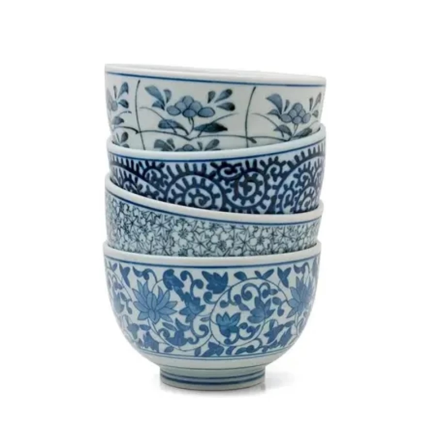 Miya Company Japanese Sometsuke 5-Inch Ceramic Bowl Set - Handcrafted Blue and White Porcelain Dishware