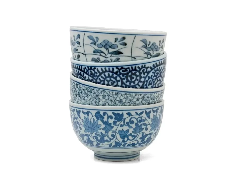 Miya Company Japanese Sometsuke 5-Inch Ceramic Bowl Set - Handcrafted Blue and White Porcelain Dishware