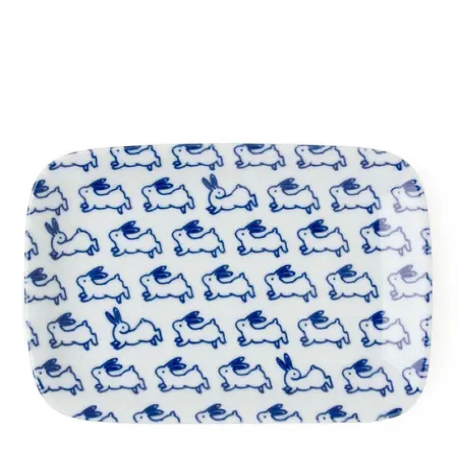Miya Company Blue & White Ceramic Rabbit Plate 6.5" X 4.25" - Hand-Painted Decorative Dish