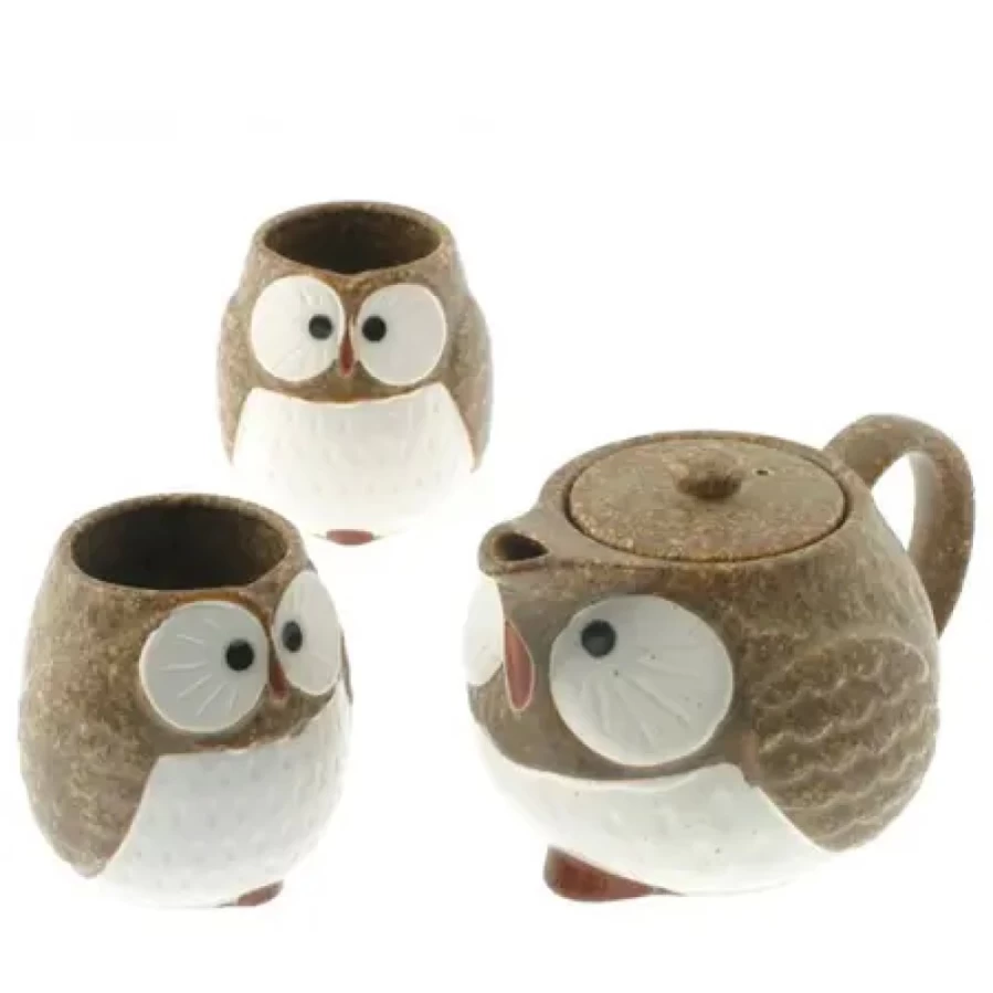 Miya Company Owl-Themed Brown Tea Set - Elegant Ceramic Teapot with Cups Gift Box