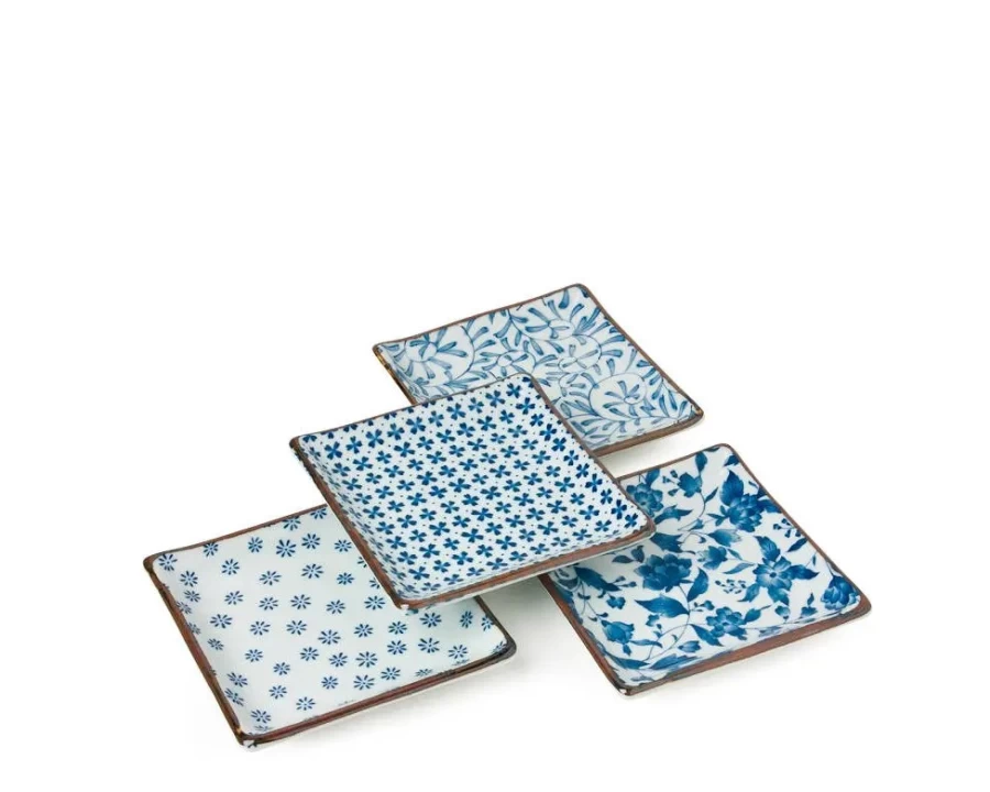 Miya Company Blue and White 5-Inch Square Plate Set - Ceramic Dinnerware Collection