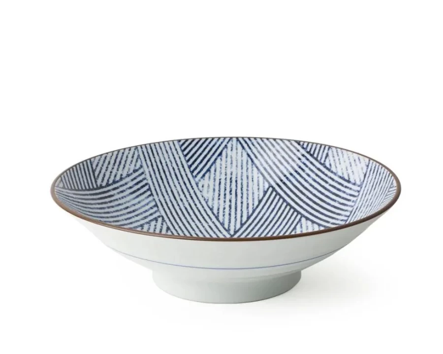 Miya Company Aizome Shima Ami 9.75-Inch Handcrafted Ceramic Serving Bowl – Traditional Japanese Indigo Pattern