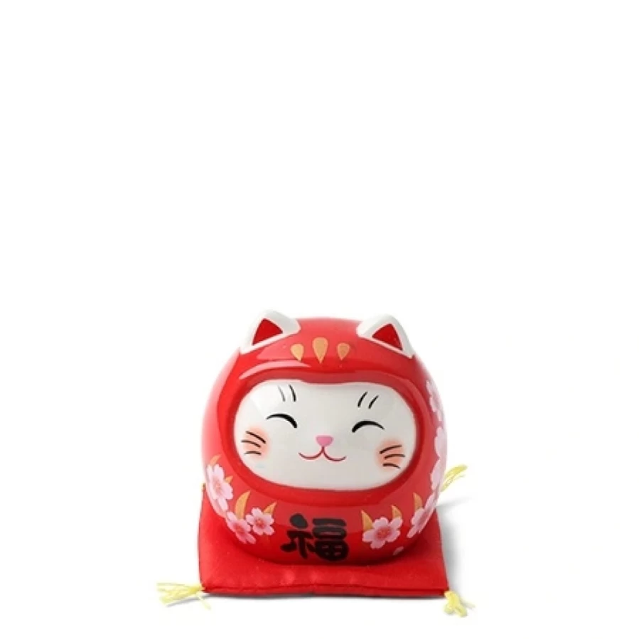Miya Company Daruma Fortune Cat Figurine - Lucky Maneki Neko Statue for Wealth & Good Fortune