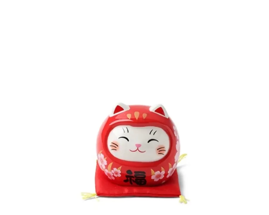 Miya Company Daruma Fortune Cat Figurine - Lucky Maneki Neko Statue for Wealth & Good Fortune