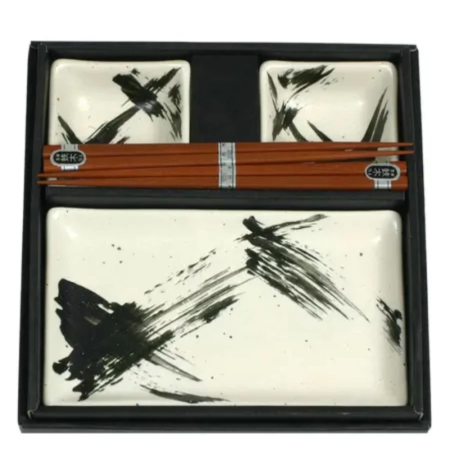 Miya Company White Brush Stroke Sushi Set - Elegant Japanese Ceramic Dinnerware for Sushi Lovers