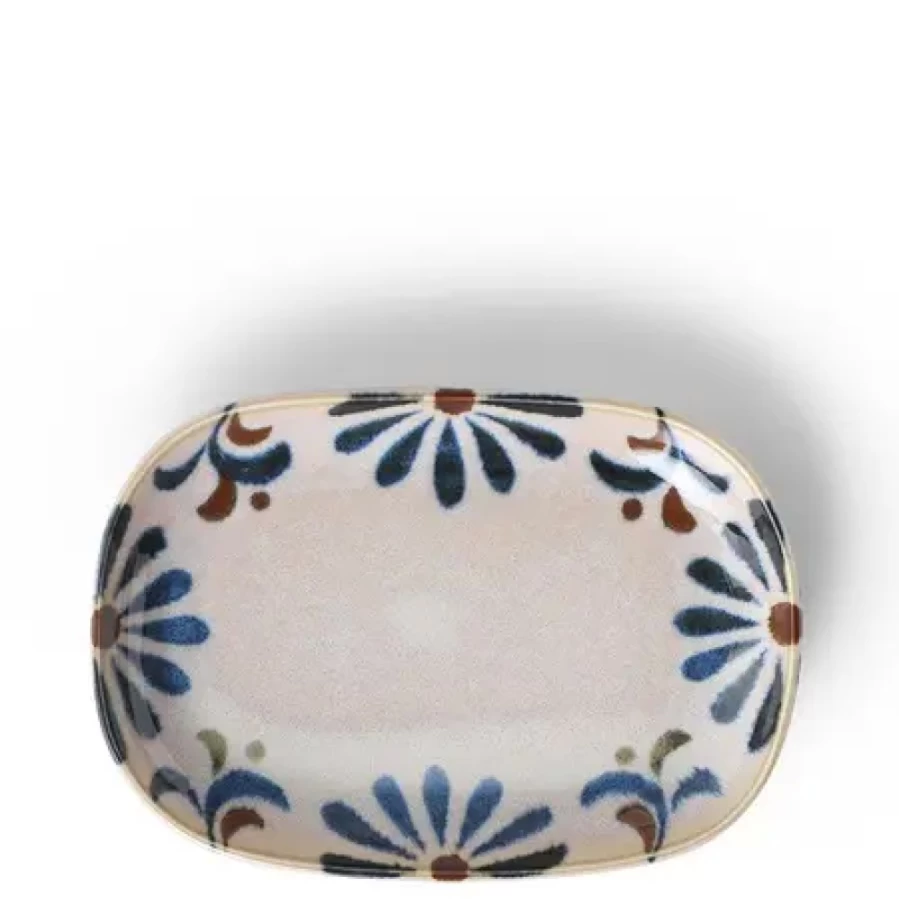"Vintage Blue Floral Ceramic Plate by Miya Company – Handcrafted Rustic Rectangle Dish for Dining & Decor"