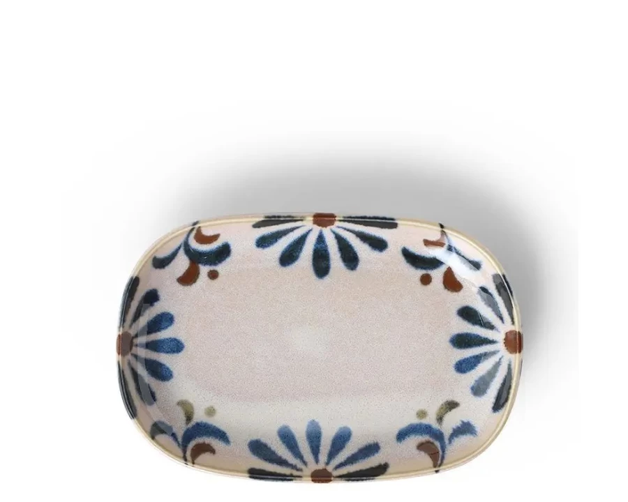 "Vintage Blue Floral Ceramic Plate by Miya Company – Handcrafted Rustic Rectangle Dish for Dining & Decor"