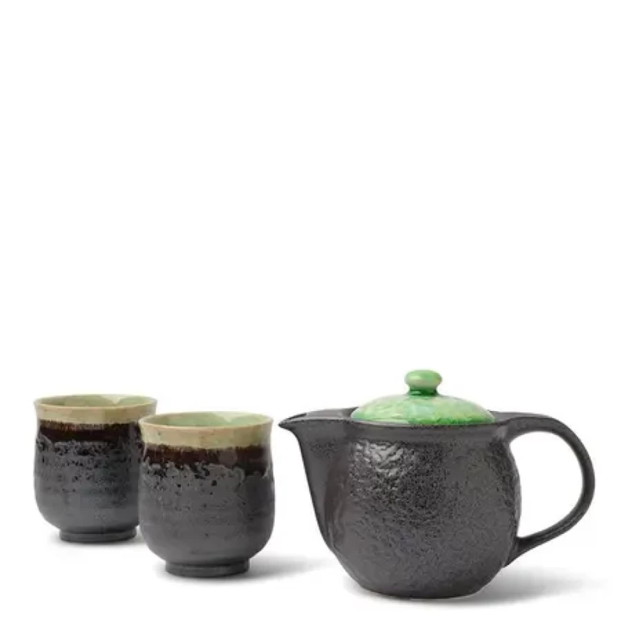 "Elegant Miya Company Bronze & Jade Tea Set - Handcrafted Ceramic Teapot with Cups"