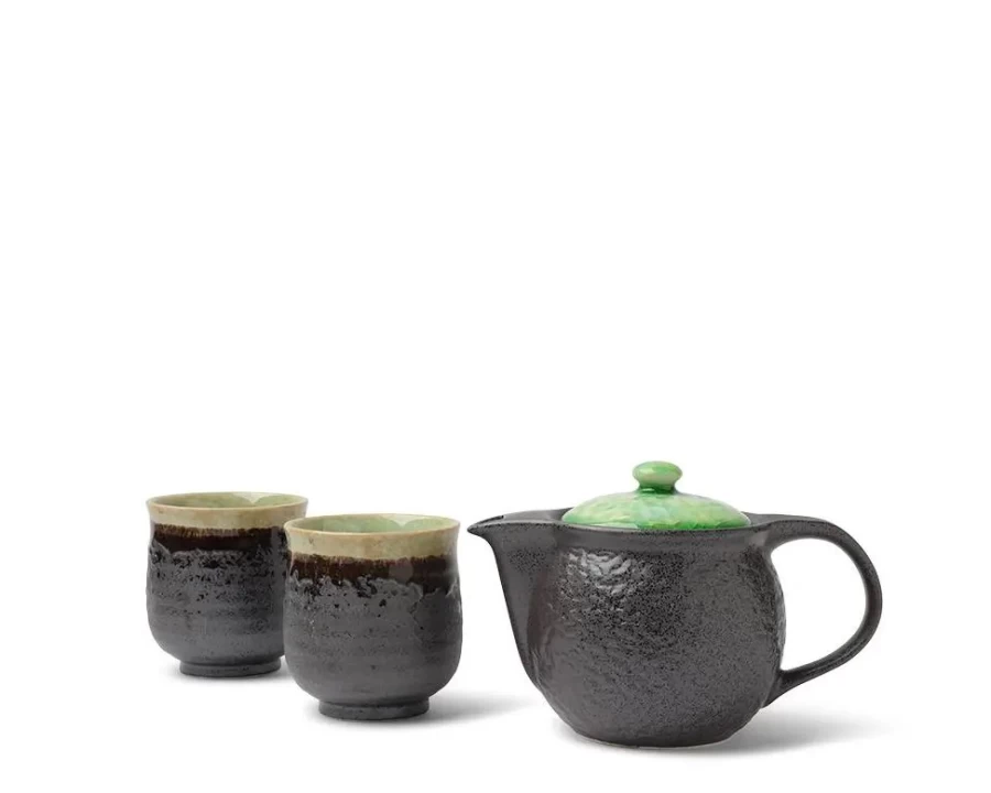 "Elegant Miya Company Bronze & Jade Tea Set - Handcrafted Ceramic Teapot with Cups"