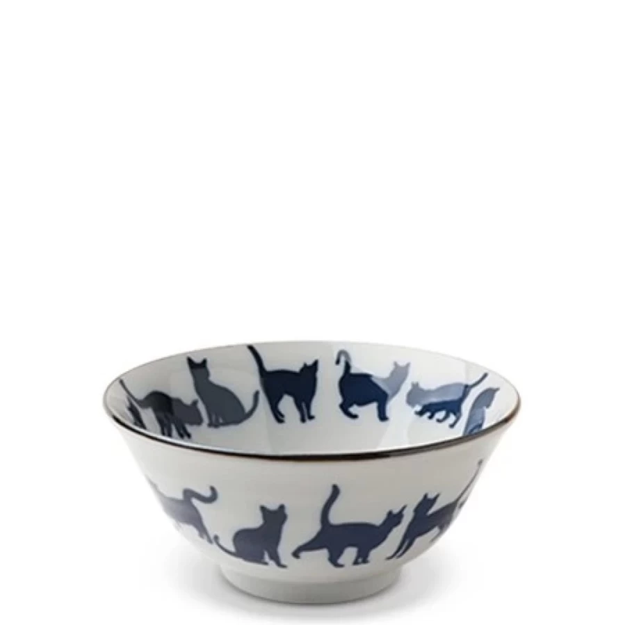 Miya Company Blue & White Ceramic Cat Bowl - 5.75 Inch Handmade Decorative Parade Cat Design