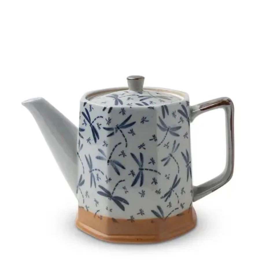 Miya Company Vintage Blue Dragonfly Teapot - Handcrafted Ceramic Tea Pot with Unique Floral Design