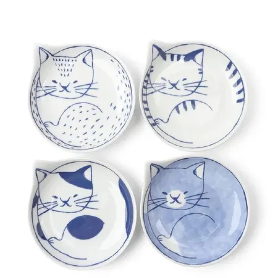 Miya Company Nekotori Cat Design Ceramic Plate Set - 4.25 Inch, 4-Piece Collection for Dining & Decor