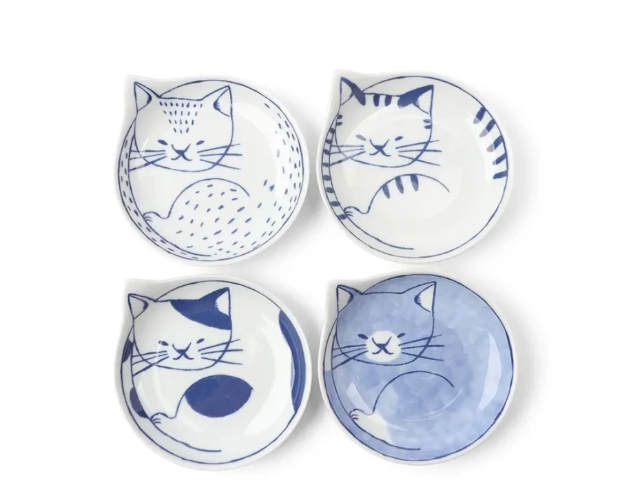 Miya Company Nekotori Cat Design Ceramic Plate Set - 4.25 Inch, 4-Piece Collection for Dining & Decor