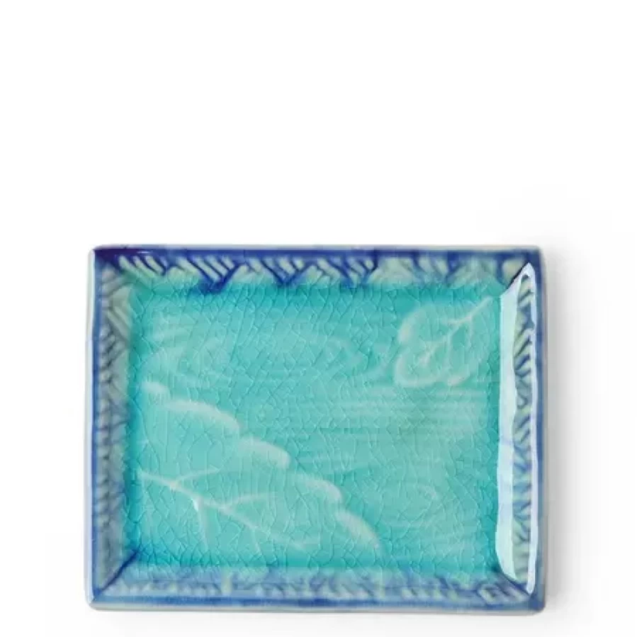 Miya Company Turquoise Crackle Glaze Ceramic Plate with Leaf and Pond Design - Rectangle Serving Dish for Dining Decor