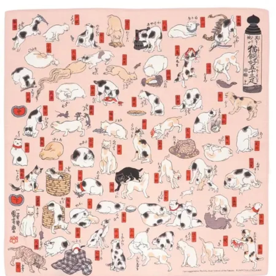 "Vintage Japanese Furoshiki Wrapping Cloth with Cats Kuniyoshi Design by Miya Company"