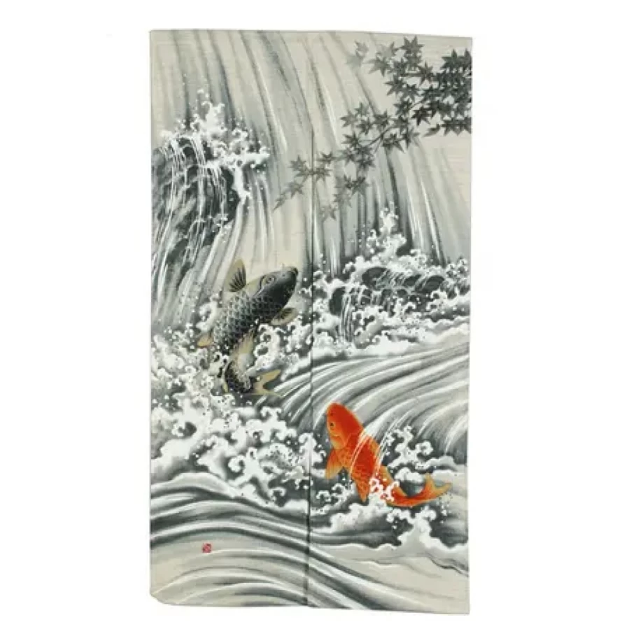 "Elegant Koi Fish Waterfall Noren - Handcrafted Japanese Door Curtain by Miya Company"