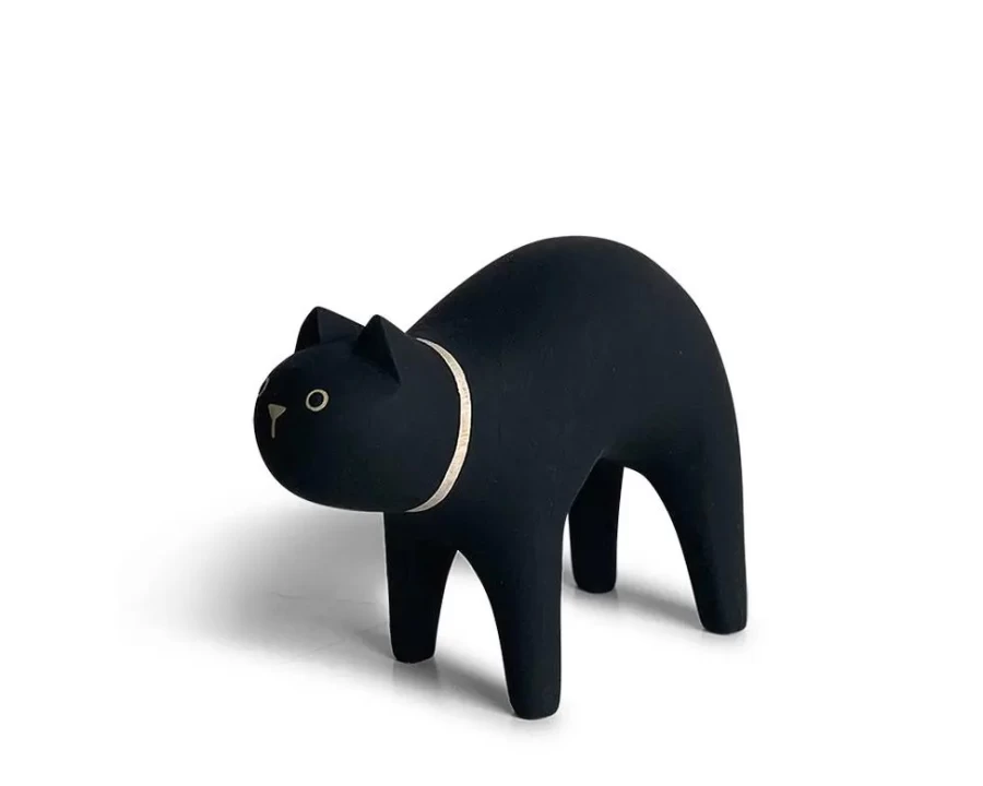 Miya Company T-Lab Wooden Cat Figurine - Handcrafted Black Decorative Animal Statue