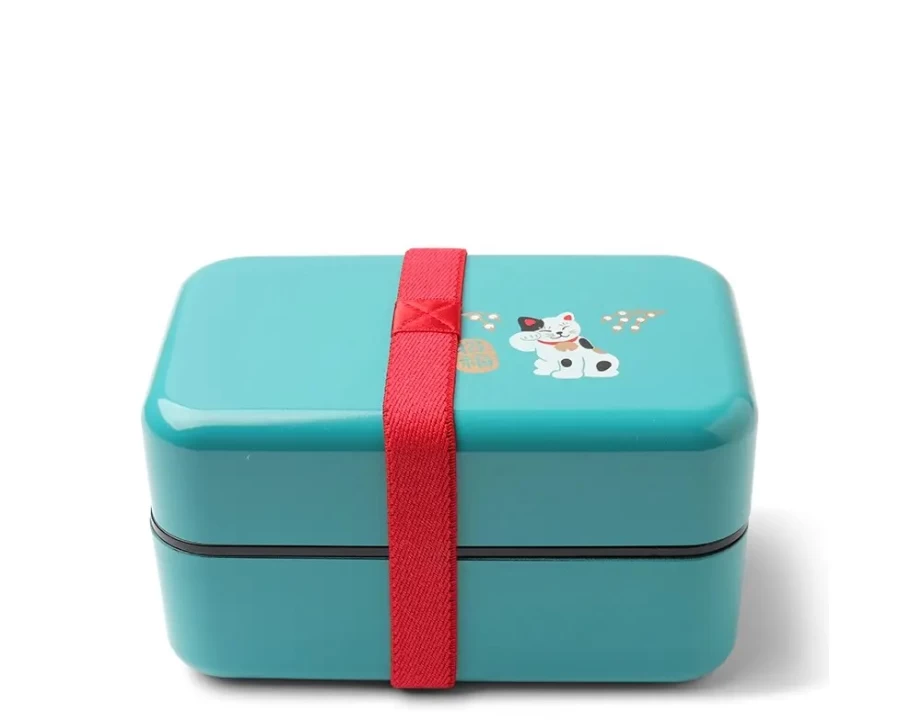 Miya Company Teal Blue Bento Box with Lucky Fortune Cat Design - Insulated Lunch Container for Adults & Kids
