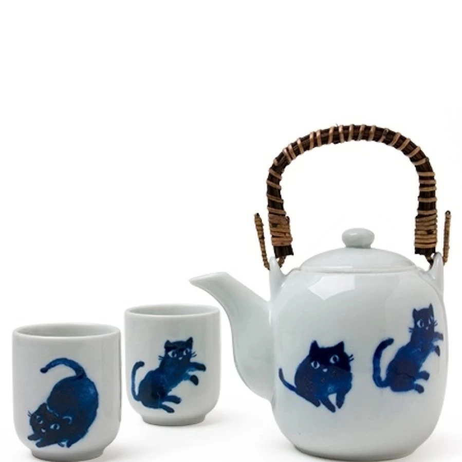 Miya Company Midnight Blue Cat-Themed Ceramic Tea Set for Elegant Tea Time