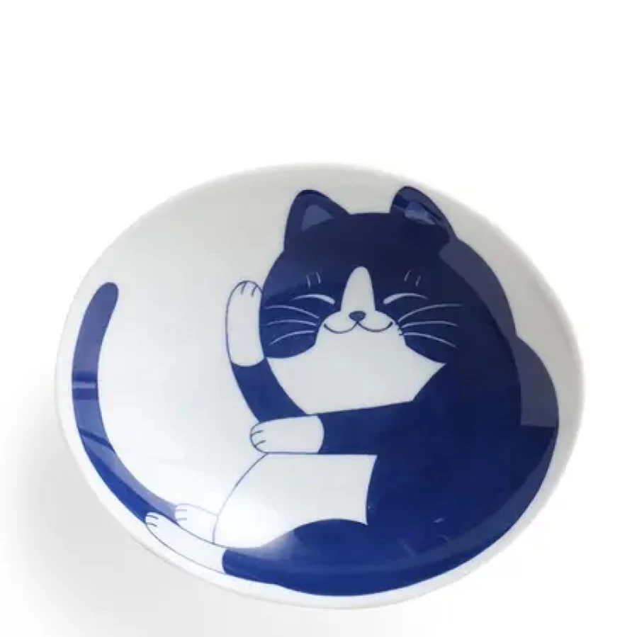Miya Company Blue Cats Themed 7.5 Inch Oval Ceramic Pet Bowl for Food and Water