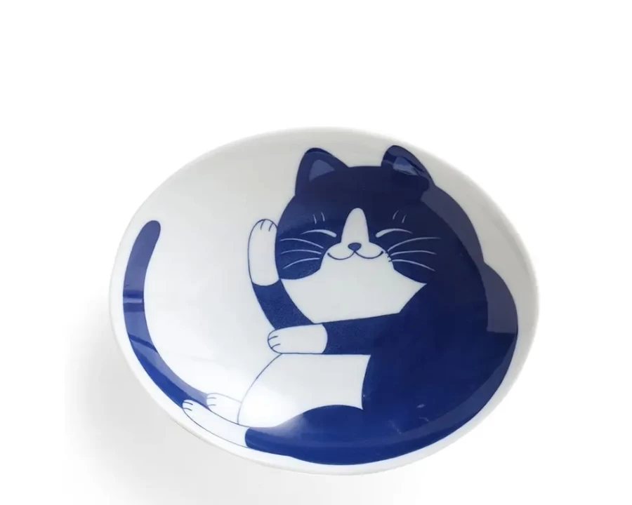 Miya Company Blue Cats Themed 7.5 Inch Oval Ceramic Pet Bowl for Food and Water