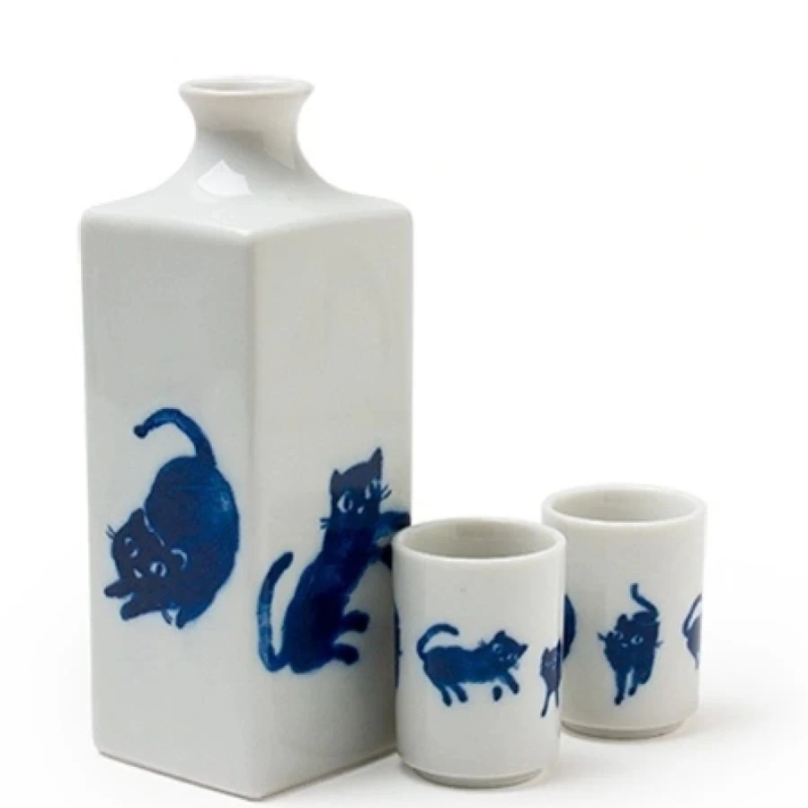 "Miya Company Midnight Blue Ceramic Cat Sake Set - Japanese Style Sake Cups and Bottle Gift"