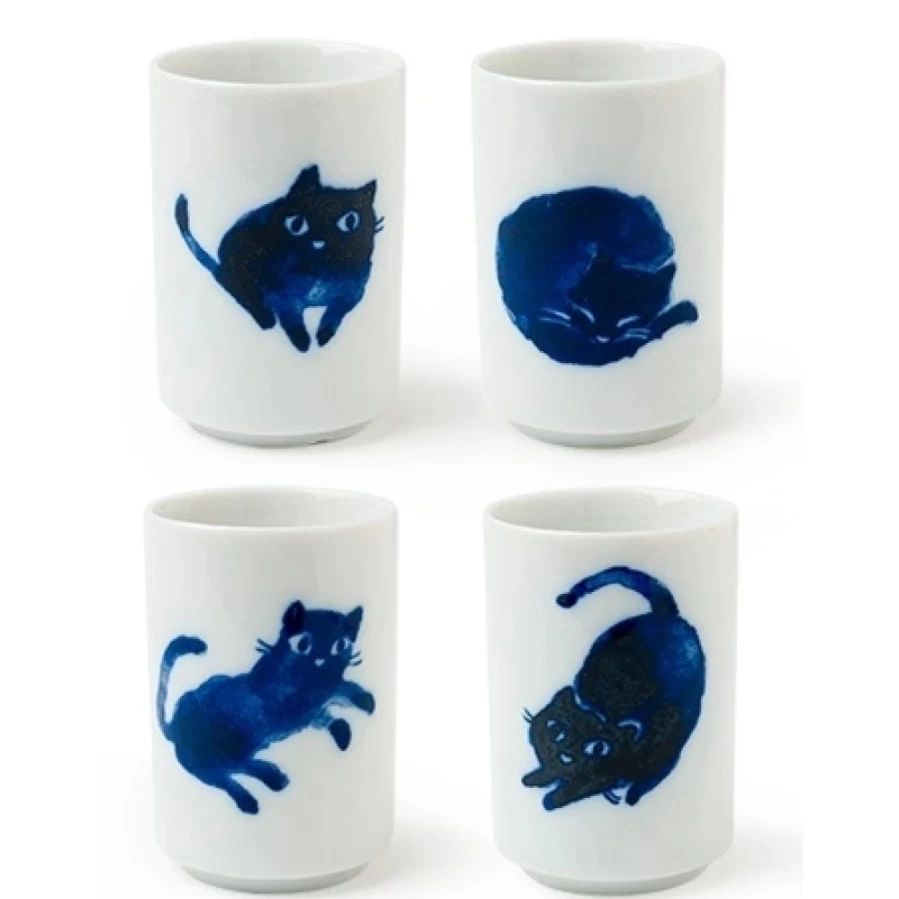 Miya Company Midnight Blue Ceramic Cat Mug Set - 2 Piece Whisker Design Coffee Cups