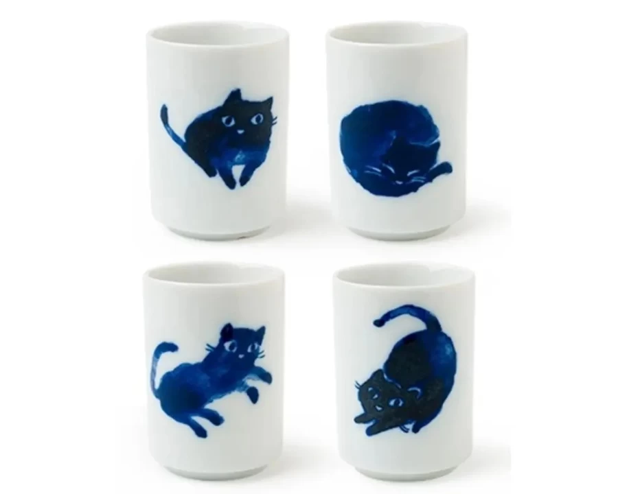 Miya Company Midnight Blue Ceramic Cat Mug Set - 2 Piece Whisker Design Coffee Cups