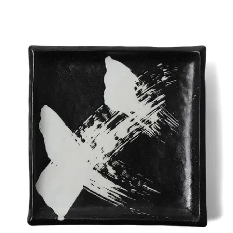 Miya Company Square Brush Plate - Black & White Ceramic Dinnerware for Stylish Dining