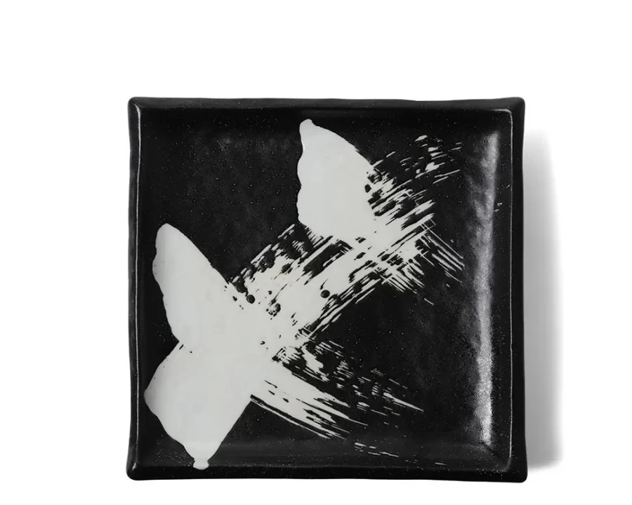 Miya Company Square Brush Plate - Black & White Ceramic Dinnerware for Stylish Dining